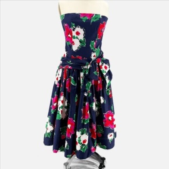 patty o'neil Dresses & Skirts - Patty O'Neil Floral Strapless Navy Blue Dress Kentucky Derby Prom 80s Vtg 6